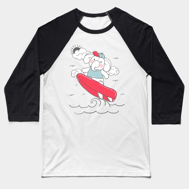 Elephant Surfing Baseball T-Shirt by Mako Design 
